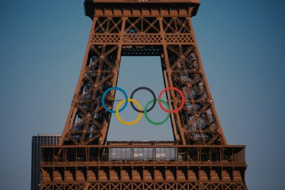 Olympic rings on front of Eiffel Tower in Paris, France